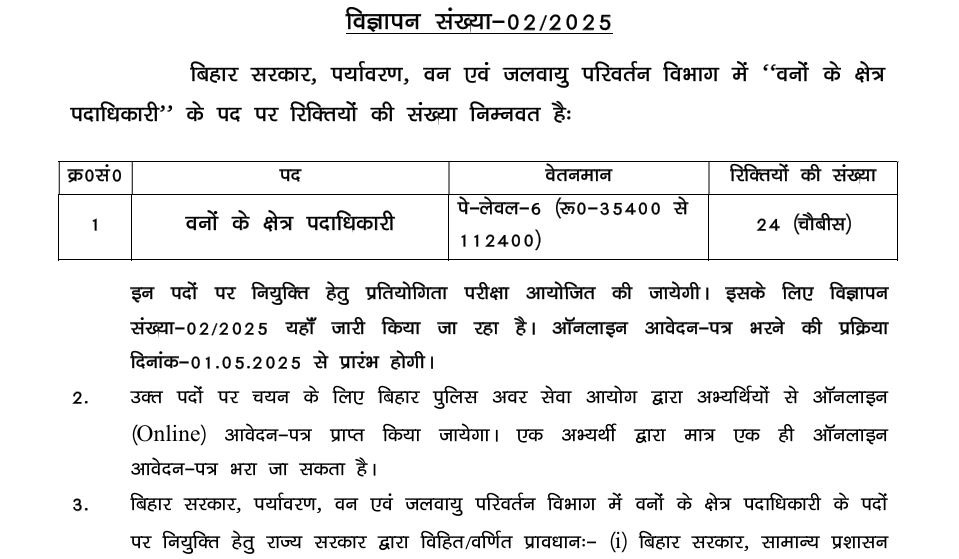 Advt. No.-02-2025 bihar forest job sarkari naukri bihar news