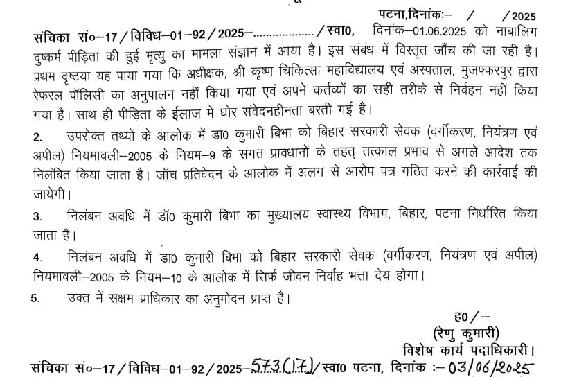 nitish kumar bihar government mangal pandey health department action after death of abused girl child skmch muzaffarpur